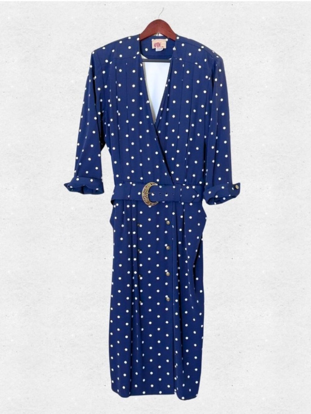 Vintage 80s Katie MFG Navy Blue White Polka Dot Midi Dress Size 16 Rockabilly